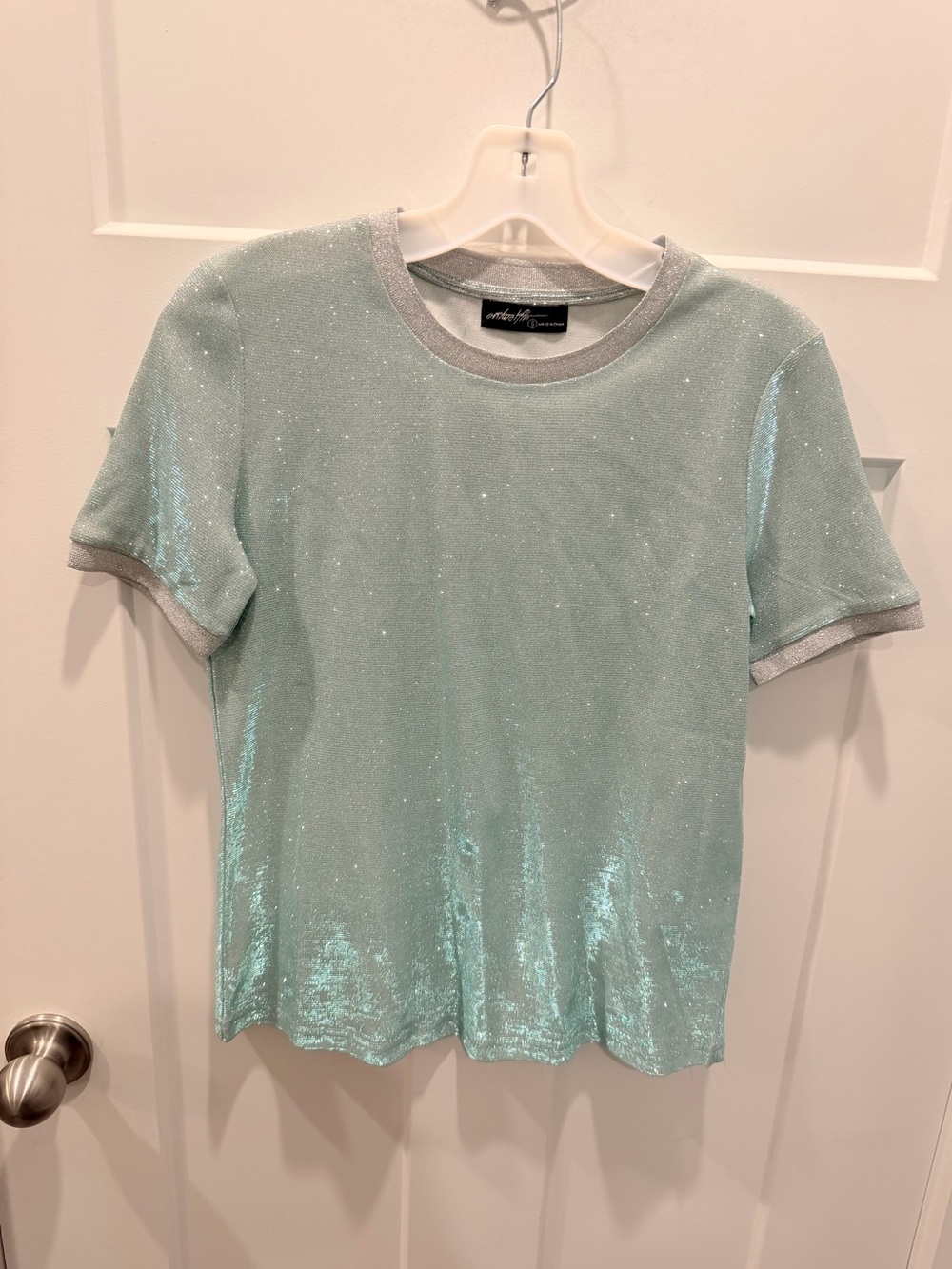 On Twelfth Small Mint Silver Metallic Shimmer Short Sleeve Party Top